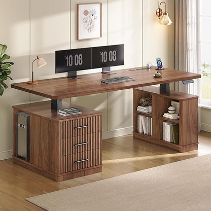 SEDETA Modern Fluted Electric Standing Desk, 63" Height Adjustable Computer Desk with 3 Drawers, Storage Shelves, Power Outlets, Wood Home Office Stand up Desk for Work, Study, Writing, Brown