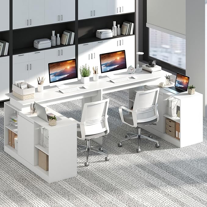 Tangkula Reversible L-Shaped Desk w/Storage Cabinet & 4 Shelves, White Corner Desk for Writing Study, Modern Computer Desk for Small Spaces, Executive Laptop Workstation for Home Office