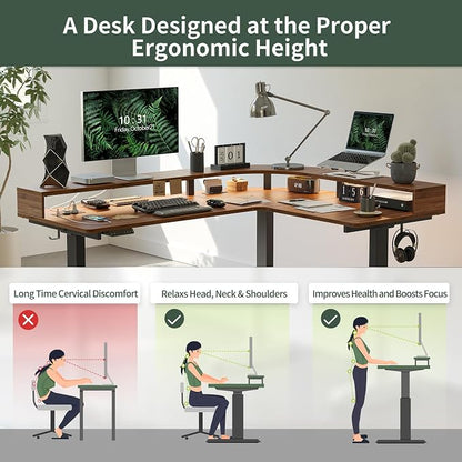 FEZIBO 63"x49" L Shaped Standing Desk with Arc LED & Power Outlet, Electric Height Adjustable L Shaped Desk with Monitor Stand, for Gaming Office, Black Walnut（2 Packages）