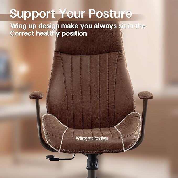 HOOOWOOO Faux Suede Leather Home Office Desk Chair,MCM Modern Ergonomic Task Work Chair,Computer Gaming Chair with Cushion Seat Lumbar Support Reclining High Back for Long Hours(Chocolate Brown)
