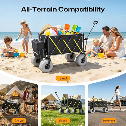 Premium 10.5" Balloon Wheels Beach Wagon - 450LBS Heavy Duty Sand Wagon, Foldable All Terrain Collapsible Utility Wagon with Removable Cooler Bag, Easy Roll for Soft Sand Family Camping-Black