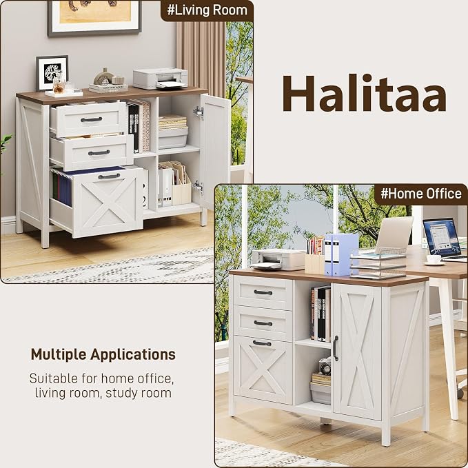 Halitaa 3 Drawer File Cabinet, Farmhouse Style Lateral Filing Cabinet Suitable for Letter or A4 Size Files, Wooden Home Office Storage with Adjustable Shelf and Printer Stand, White and Brown