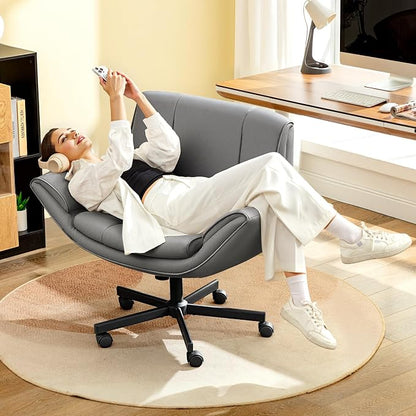 HeroSet Criss Cross Chair with Wheels & Armrests,Comfy Wide Vanity Chair,Scratch-Resistant Pu Leather Cross Legged Desk Chair,Height Adjustable Computer Office Desk Chairs for Home,Makeup,Bedroom