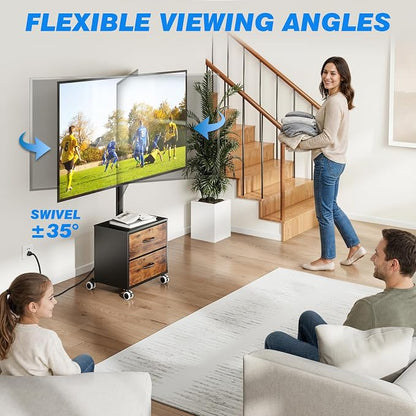 Rfiver Rolling TV Stand with Power Outlet and 2 Drawers for 32-60 Inch TVs, Swivel Mobile TV Cart with Wheels, 6-Level Height Adjustable Floor TV Mount up to 88lbs, Max VESA 400x400mm