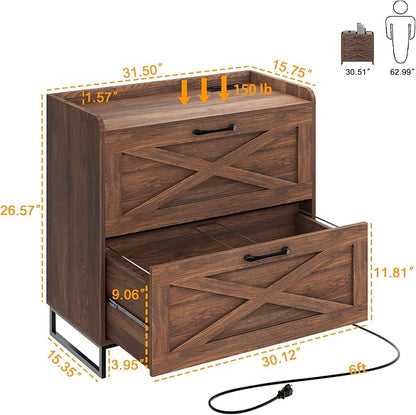 Halitaa File Cabinet 2 Drawers Lateral File Cabinet with Charging Station for Letter/Legal/A4 Size Hanging Files, Large Wood File Storage Cabinets Printer Stand for Home Office, Dark Walnut