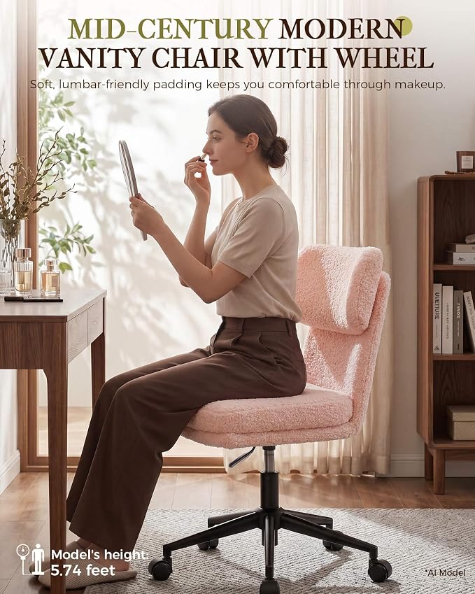 COMHOMA Vanity Chair with Ergonomic Curved Backrest, Home Office Desk Chair with Silent Wheel, Wide Seating Computer Chair for Girls Women Bedroom, Soft Teddy Fabric, Pink