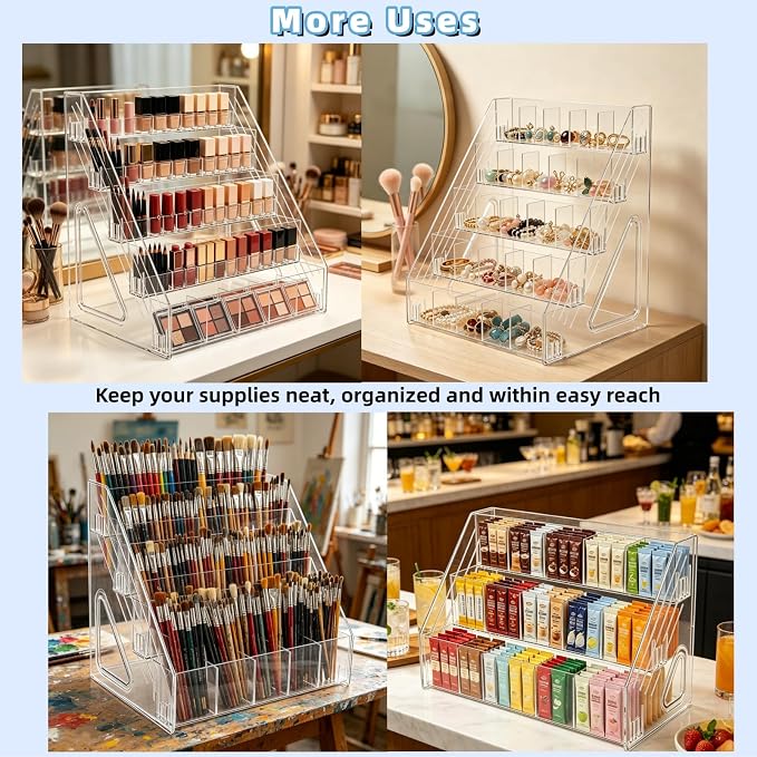 3-Tier Acrylic Desk Organizer, Multi-Slot Marker & Pen Storage Holder, Clear Vertical Desktop Stationery Rack for Small Art Supplies, Compact Office & Home Workspace Organizer