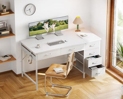 ODK Computer Desk with 6 Drawers, 48 Inch Office Desk with Storage, Reversible Desk with Headphone Hook for Home Office, Work Study Table Vanity for Bedroom, White