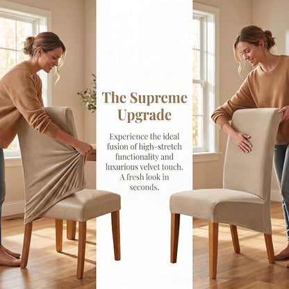 Deisy Dee Stretch XL/Oversized Extra Large Velvet Dining Room Chair Covers for Kitchen Dining，Removable Washable Chair Protectors Slipcovers (Khaki, 4)