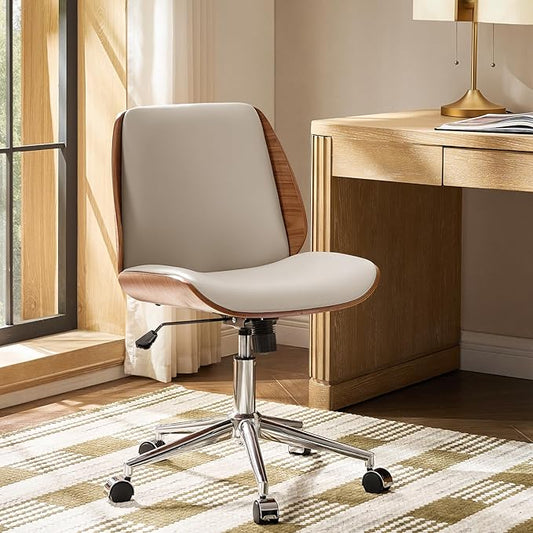 HULALA HOME Faux Leather Home Office Chair with Bent Wood Design & Rocking Tilt Function, Modern Swivel Desk Chair with Adjustable Height, Comfy Upholstered Armless Computer Task Chair, Ivory