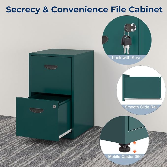 UNICOLY 2 Drawer File Cabinet with Lock, Metal File Cabinets for Home Office, Under Desk Storage, Printer Stand, Office File Cabinets for Letters and File Boxes, Assembly Required, Green