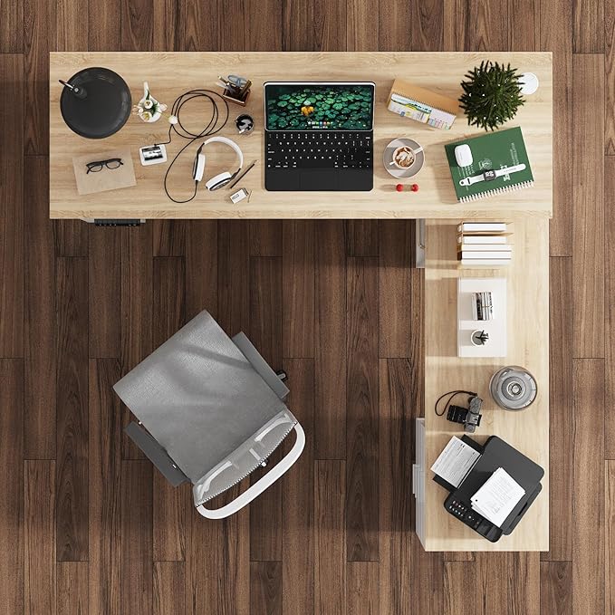 MOUMON L Shaped Standing Desk with Drawers and Shelves, Executive Adjustable Height Desk, L-Shaped Design, 63 inch Tabletop, for Office Oak and White (63”W x 63”D x 28.9-45.3”H)