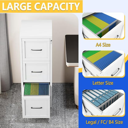 GAIOUS Metal Vertical File Cabinet with Lock, Home Office 3 Drawer Cabinet | 3 Drawer Filing Cabinet, Beside Desk File Cabinet, White Lockable Storage Cabinet, Fits Letter/Legal/A4 Size