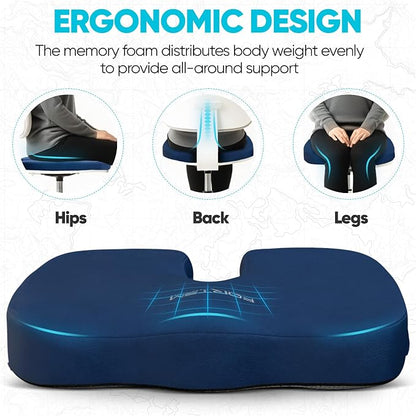 FORTEM Seat Cushion, Office Chair Cushion, Memory Foam Car Seat Cushions, Sciatica Coccyx Tailbone Pain Relief, Chair Cushions for Back Support, Sitting Pad for Gaming, Washable Cover, Non Slip, XL