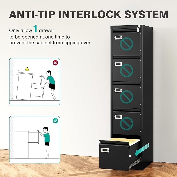 SISESOL 5 Drawer File Cabinet with Lock,Black Narrow Vertical File Cabinet Five Drawer,Tall Office Filing Cabinets,Metal Filing Cabinets for Home Office,Fit A4,Legal,Letter Size,-Assembly Required