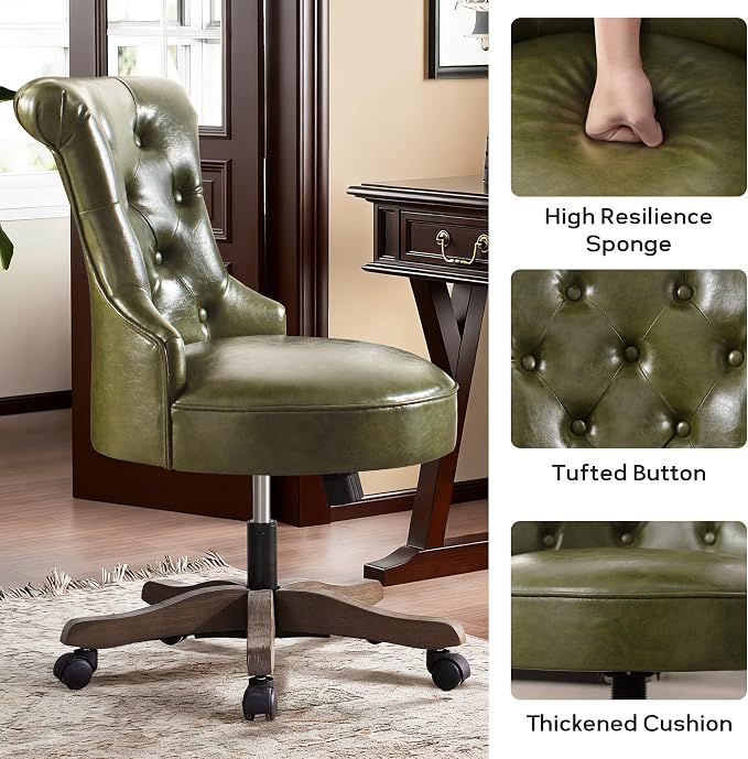 HUIMO Home Office Chair Upholstered Armless PU Leather Desk Chair with Wheels Adjustable Height Computer Desk Chair with Wooden Legs Comfortable Swivel Chair for Study Studio (Dark Green)