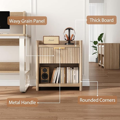 25.9" Fluted Nightstand with Charging Station, Large Modern Bedside Table with Storage Drawer and Metal Handle,End Table for Bedroom, Home Office(1 Pack, Natural Oak)