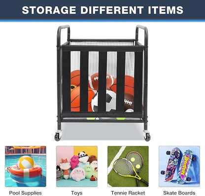 STO STO 2 Pack Rolling Sports Ball Storage Cart, Lockable Basketball Cage with Elastic Straps, Sport Equipment Holder Organizer for Indoor Outdoor, Steel Storage Rack for Playgroud and Gym, Black