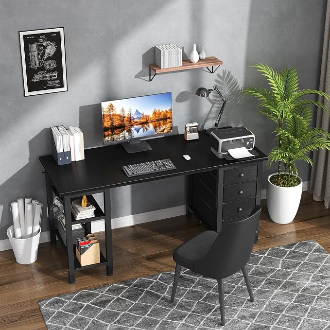 Lufeiya Gaming Desk with 4 Fabric Drawers & Storage Shelves, 47 inch Computer Writing Work Study Desk for Home Office Bedroom, Modern Simple Student PC Desks Table, Black