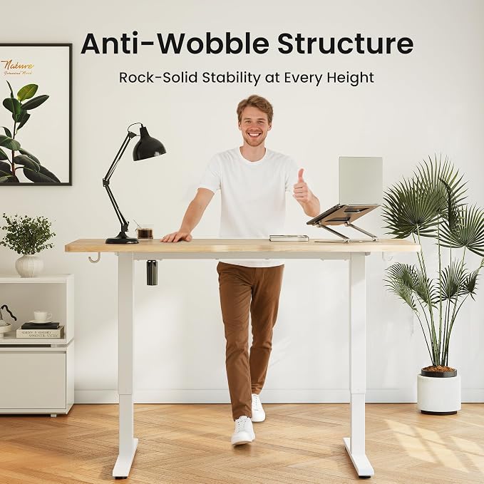 DESINO Standing Desk, 40 × 24 Inches Electric Height Adjustable, Sit and Stand Up, Computer Office Desk with Splice Board, White Frame/Oak TOP