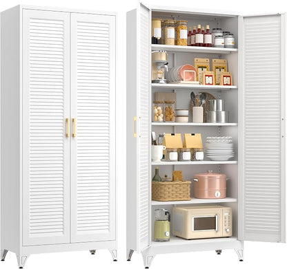 Polup 75" Kitchen Pantry Cabinet, White Metal Storage Cabinet with Doors and 5 Adjustable Shelves, Tall Metal Pantry Cabinets, Large Cupboard for Kitchen, Dining Living Room, Bathroom, Office