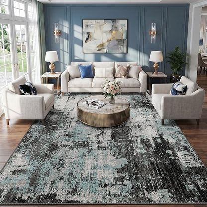 RELEANY Washable Area Rugs 9'x12' Non-Slip Modern Abstract Soft for Living Room Entryway Bedroom Kitchen, Print Pattern, Blue Black Teal