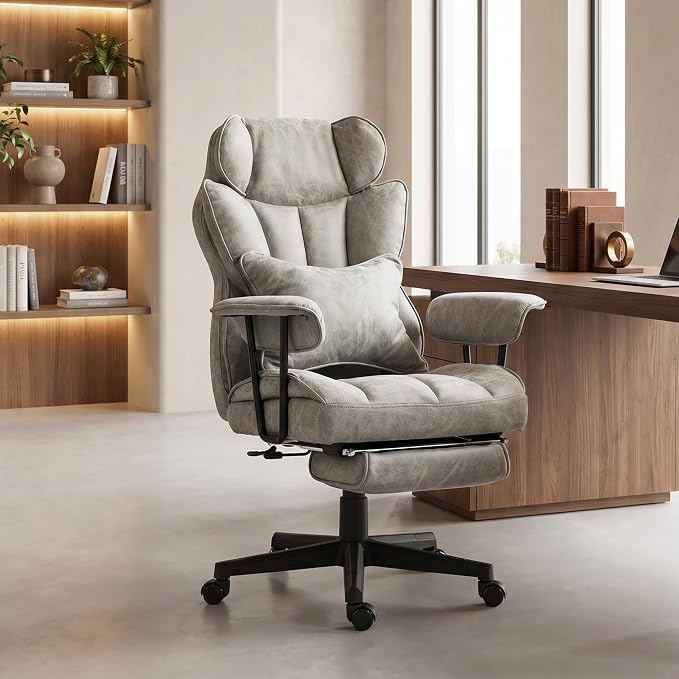 HOMCOM Massage Executive Office Chair with 6 Vibration Points, 400LBS Heated Big and Tall Office Chair with Foot Rest and Lumbar Support, Microfiber Reclining Computer Desk Chair, Gray