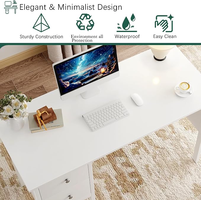 BHG Computer Desk with Drawers,Modern White Home Office Desk with Storage Filing Cabinet, Vanity Desk Makeup Dressing Table for Bedroom,Small Writing Table PC Desks for Study(White, 43.3")