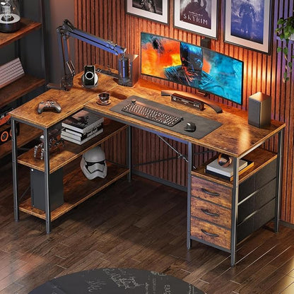 Alpen L Shaped Computer Desk, 47 Inch Corner Desk with Drawers and Power Outlets, Home Office Desk for Gaming, Study Writing PC Table with Storage and Reversible Shelf, Rustic Brown