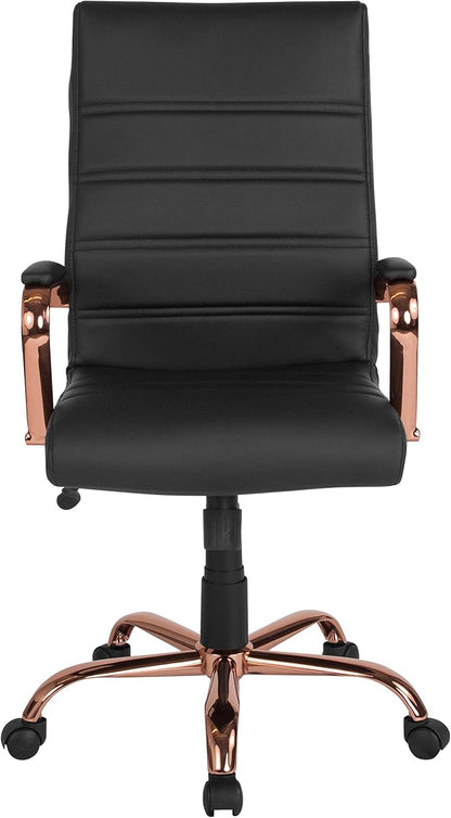 Flash Furniture Whitney High-Back Swivel LeatherSoft Desk Chair with Padded Seat and Armrests, Adjustable Height Padded Office Chair, Black/Rose Gold