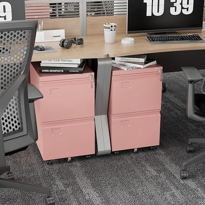 Aobabo Rolling File Cabinet with Lock,2 Drawer Metal Filing Cabinet for Home Office & Under Desk, Heavy-Duty Mobile Storage with 5 Wheels (Anti-Tilt), Fits Letter/Legal,Pink,Required Assembly