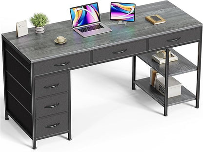Huuger Computer Desk with 6 Drawers, Office Desk with Shelves, Reversible Gaming Desk, Corner Desk with Storage, Work for Home Office, Study, Living Room, 54inch, Grey