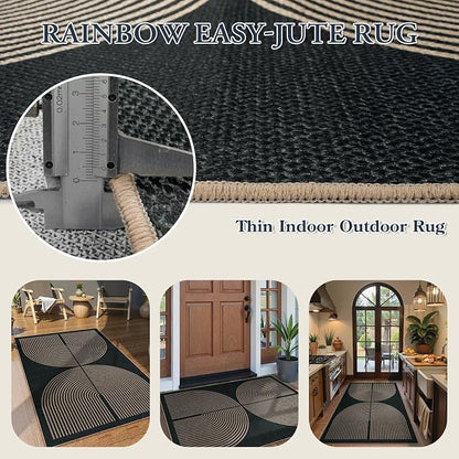 Lahome Enfys Modern Rainbow Easy Jute Outdoor Patio Rug, 3x5 Black Washable Rugs for Entryway Office Farmhouse Classroom Carpet, Contemporary Non Slip Front Door Mat for Porch Guestroom Room Decor