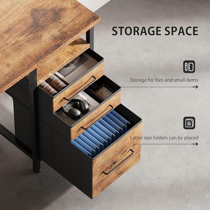 Maihail 47" Computer Desk with Drawers, Desks for Bedrooms, Writing Desk with Storage, Work Desk for Small Space, Rustic Brown