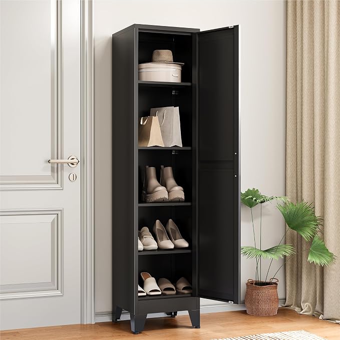 COFaR 67" Slim Bathroom Storage Cabinet, Black Metal Storage Cabinet with Magnetic Door & 4 Adjustable Shelves, Slim Freestanding Cupboard for Office, Kitchen, Bathroom