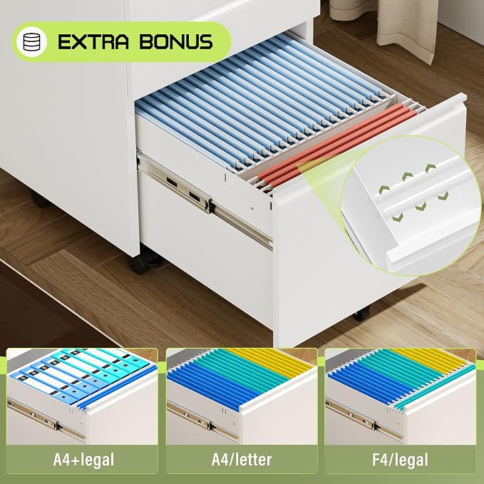 Crownland Office Mobile File Cabinet with Lock, Metal Filing Cabinets with 3 Drawers for Home Office, Lockable File Cabinet for Legal/Letter/A4/F4 Size(White)