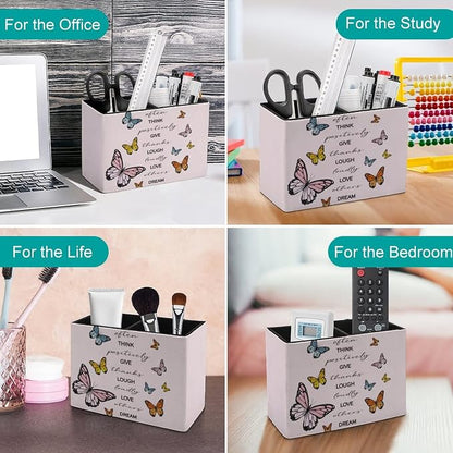 Niapessel Pencil Holder for Desk, Positive Quote Butterflies Pen Holder Storage Desktop Pen Organizer Desk Pencil Organizer Makeup Brush Holder for Office School College Leather