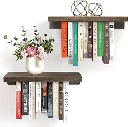 NANATI 2 Set of Floating Bookshelf with Super Load-Bear Shelf Brackets, Paulownia Wood Invisible Bookshelf, Hanging Bookshelves for Wall, Unique Space Saving Wall Bookcase