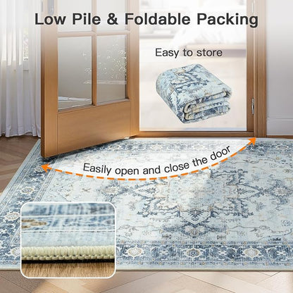Lofus 3x5 Area Rugs for Entryway, Machine Washable Small Living Room Area Rug, Low Pile Non-Slip Rugs for Bedroom, Kitchen, Home Office, Vintage Oriental Print Rug, Blue Gold