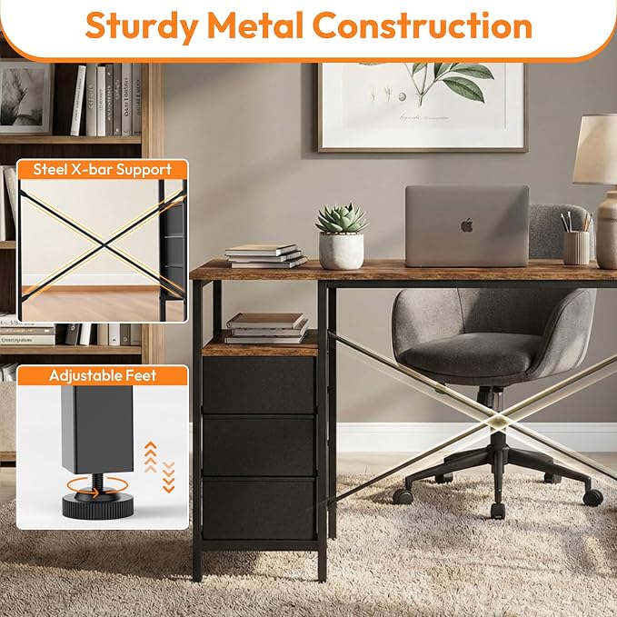 Alpen L Shaped Computer Desk, 47.2 Inch Corner Desk with Drawers and Power Outlets, Home Office Desk for Gaming, Study Writing PC Table with Storage and Reversible Shelf, Rustic Brown