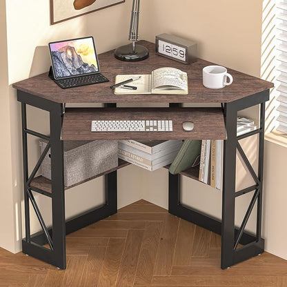 VECELO Corner Desk Computer Desk Writing Table with Smooth Keyboard Tray & Storage Shelves,Compact Home Office Triangle Table,Rustic Brown