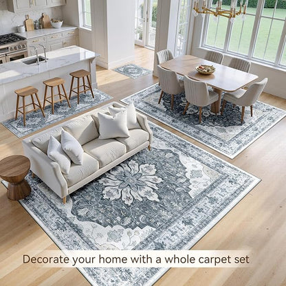 RELEANY Area Rugs 8'x10' Washable Non-Slip, Floral Vintage Distress Medallion Carpet for Living Room Bedroom Dining Room, Light Gray Grey White
