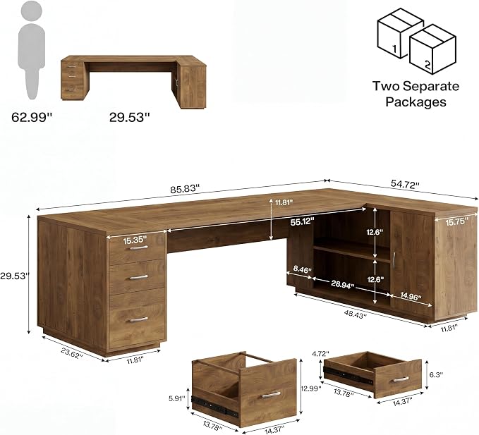 Tribesigns 85.8-Inch L-Shaped Executive Desk with File Drawers, Door Cabinet & Shelves, Extra Large Commercial Office Desk, Modern Professional Office Table, Business Furniture, Natural Oak