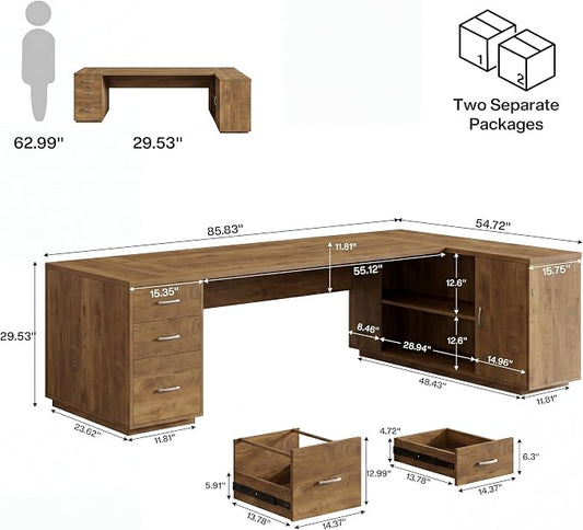 Tribesigns 85.8-Inch L-Shaped Executive Desk with File Drawers, Door Cabinet & Shelves, Extra Large Commercial Office Desk, Modern Professional Office Table, Business Furniture, Natural Oak