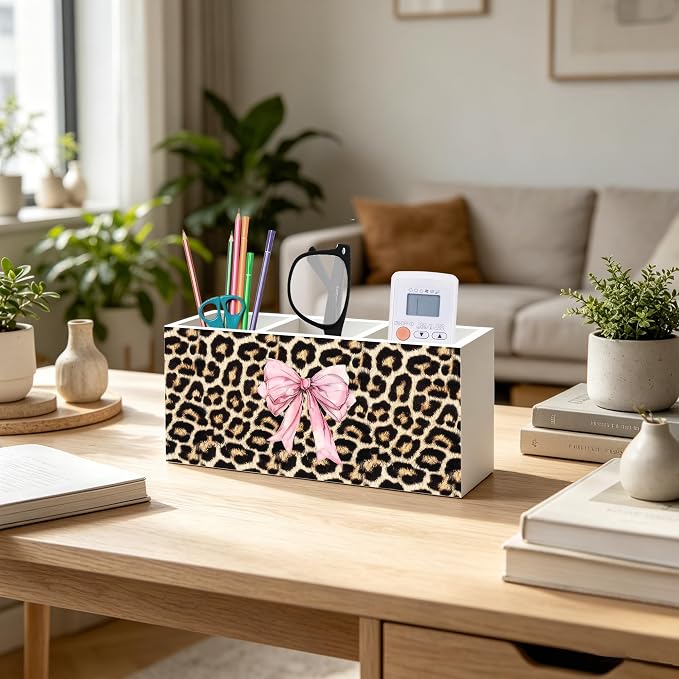 Coquette Pink Bow Cheetah Print Makeup Brush Toothbrush Holder for Girly Bathroom Dorm Vanity, Pink and Cheetah Print Wood Signs Pen Pencil Holder Organizer Desk Accessories