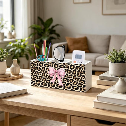 Coquette Pink Bow Cheetah Print Makeup Brush Toothbrush Holder for Girly Bathroom Dorm Vanity, Pink and Cheetah Print Wood Signs Pen Pencil Holder Organizer Desk Accessories