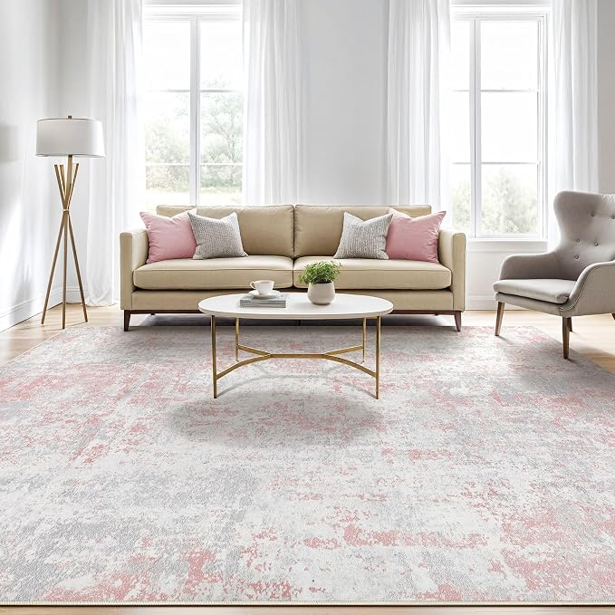Pink Rug 5x7 Living Room: Washable Large Abstract Neutral Modern Soft Rug Stain Resistant Indoor Floor Non-Slip Accent Carpet for Girl Bedroom Nursery Playroom Office Dining Room Home