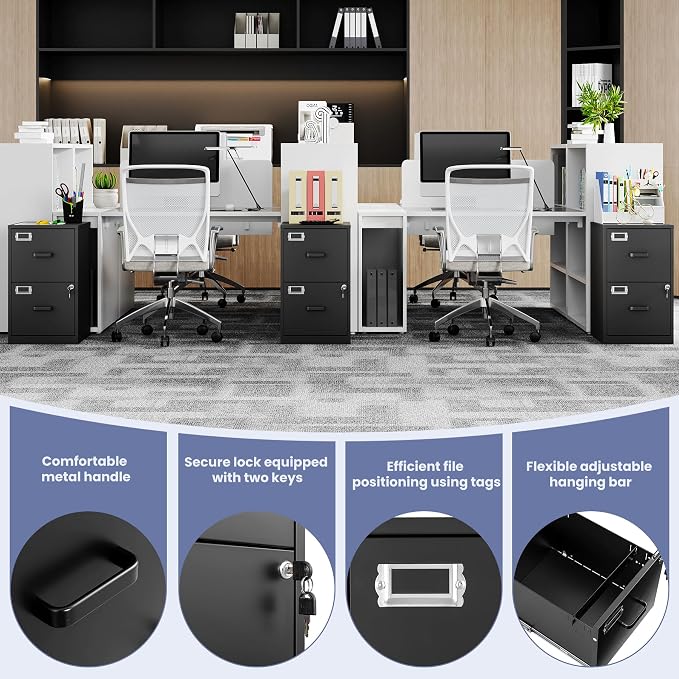 2-Drawer File Cabinet with Lock, Small Filing Cabinet Organizer for Hanging A4/Letter/Legal Size Folder, Under Desk Vertical Filing Cabinets for Home Office, Printer Stand, Black