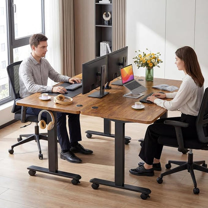 Electric Adjustable Height Standing Desk, 55×24 Inches Sit Stand Desk with Power Socket, 2 USB Ports, 3 Power Outlets, 4 Wheels,4 Memory Buttons Home Office Computer Workstations (Brown)