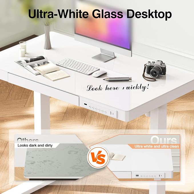 Monomi 35" Glass Standing Desk with Drawer and USB Ports, Electric Height Adjustable Desk for Home Office, White Sit Stand Table with Storage, Easy Assembly Computer Desk for Small Spaces